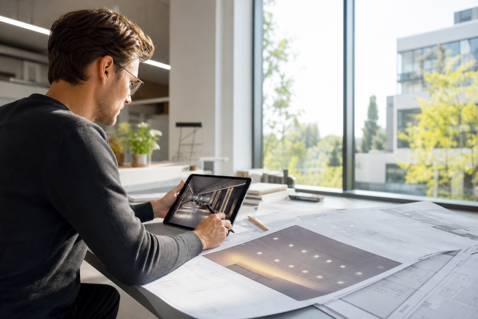 Lichtplaner bei der Arbeit mit Plänen und Simulationen